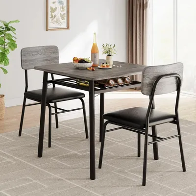 Image de Ensemble de salle à manger pour 2 personnes - Ensemble de table de cuisine moderne - Table carrée avec étagère - Structure en métal - Chaises rembourrées - Gris