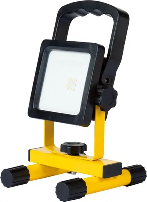 A portable LED work light with a yellow metal stand and black handle.