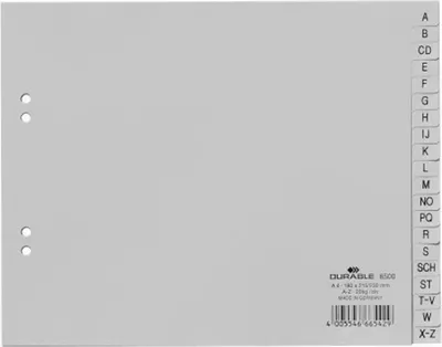 Produktbild von Durable 650010 A-Z-Register PP A4 teildeckend 215/230 x 180 mm 20 Stück grau