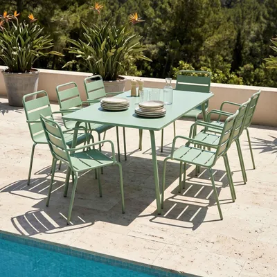 Produktbild von Gartentisch und 8 Metallsessel Salbeigrün - Oviala Palavas