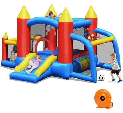 Produktbild von Aufblasbare Hüpfburg - Outdoor mit Rutsche - 450 W Gebläse - Fußballtor - 2 Dartscheiben - Tragetasche, Heringe & Reparaturset - Mehrfarbig