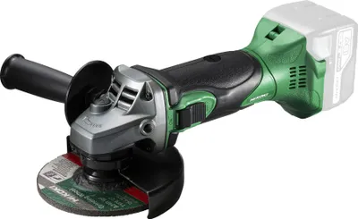 A cordless angle grinder with a battery pack attached, shown against a white background.