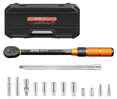 Productafbeelding van VEVOR momentsleutel, 3/8-inch aandrijving, 6,8-61,2 Nm, ±3% nauwkeurigheid, met twee schalen. Inclusief Cr-Mo ratelkop, bougiesleutelbits, cardaan, verlenger en opbergkoffer