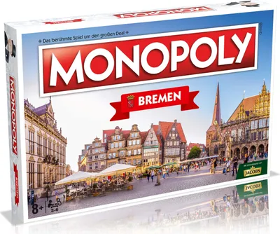 A Monopoly board game box featuring a cityscape of Bremen, Germany.