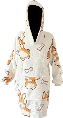 A white hooded blanket with a corgi and bone pattern.