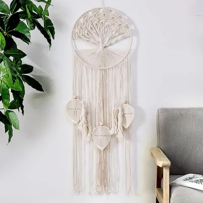 Produktbild von Traumfänger Makramee Lebensbaum, 90 cm lang, 30 cm breit, aus natürlicher Baumwolle, für Boho Deko