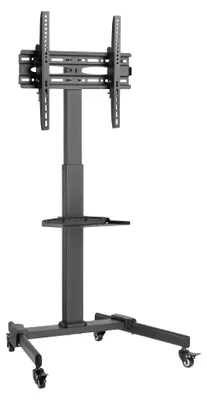 A mobile TV stand with a shelf, shown against a white background.