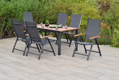 Produktbild von Merxx Gartenmöbelset "Toblino" 7tlg. mit Ausziehtisch 150/200 x 90 cm - Aluminiumgestell Graphit mit Textilbespannung Anthrazit und Akazienholz