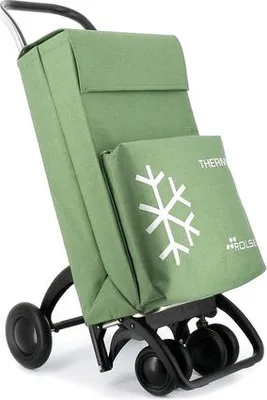 A green shopping trolley with black wheels and handle, shown from a diagonal angle against a white background.