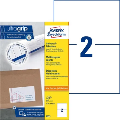 Image de Avery - Mehrzwecketiketten - weiß - 210 x 148 mm 200 Etikett(en) (100 Bogen x 2) (3655)