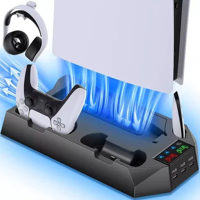 Image de Support pour manettes PS5 - Station de recharge double avec ventilateur - Support vertical pour PlayStation 5, compatible PS5 Disc / PS5 Digital, noir