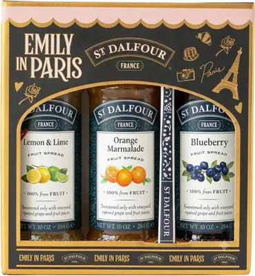 Imagen del producto de St Dalfour Emily in Paris Mermelada Set de Regalo: Limón lima, Naranja, Arándano, 3 x 284g, sin azúcar añadido, 100% fruta