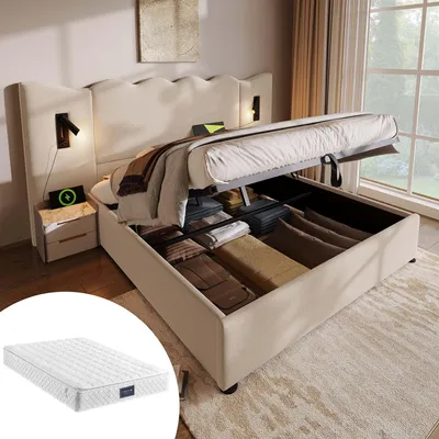 Zdjęcie produktu dla Łóżko tapicerowane, podwójne, 160x200 cm, z lampką do czytania i funkcją ładowania USB typu C, łóżko z pojemnikiem na pościel, rama łóżka z listew drewnianych i metalowych, kolor beżowy