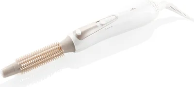 A white and gold curling iron with a brush attachment is shown on a white background.