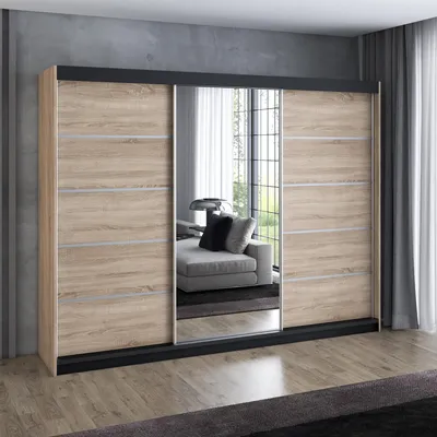 Produktbild von Schwebetürenschrank 200 cm, 3-türig, mit Spiegel & 4 Schubladen, Retro-Stil, modern, in Weiß/Schwarz/Sonoma – Kleiderschrank VILUNO 3