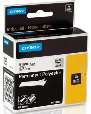 Produktbild von DYMO Rhino Industrie Permanente Polyesteretiketten | 19 mm x 5,5 m | Schwarz auf Transparent | selbstklebendes Schriftband | für Rhino und LabelManager Beschriftungsgerät, Schwarz auf transparent, Mehrfarbig, Polyester, -40 - 150 °C, UL 969, DYMO