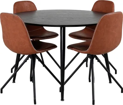 Produktbild von DippØ115BLBL Essgruppe Esstisch schwarz und 4 Polar Esszimmerstühle PolyurethanKunstleder braun.