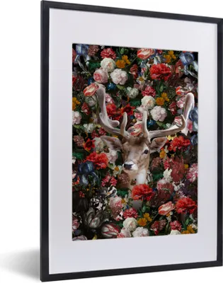 Produktbild von MuchoWow® MuchoWow® Gerahmtes Poster Hirsche - Blumen - Geweihe 30x40 cm - Poster mit zchwarzem Bilderrahmen - Wandposter Schlafzimmer