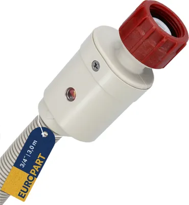 A close-up studio shot of a washing machine or dishwasher inlet hose with an Aquastop safety valve and a product tag.