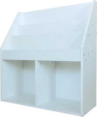 A white bookshelf with multiple shelves and compartments.
