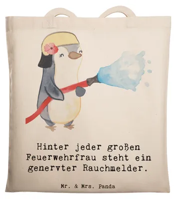 Produktbild von Mr. & Mrs. Panda Jutebeutel Feuerwehrfrau Humor - Transparent - Geschenk, kreative Geschenke, Tasche, Wertschätzung, personalisierte, Mut, Brände löschen, Beruf, Beutel