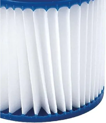 A close-up view of a pleated pool filter cartridge with blue end caps.