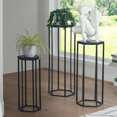 Immagine prodotto di Set di tavoli contenitori 3 esagoni in legno massiccio di mango / tavolo di appoggio in metallo | Wohnling
