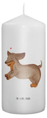 Produktbild von Mr. & Mrs. Panda Kerze Hund Dackel 15 x 7 cm - Weiß - Geschenk, Stumpenkerze, Hunde, Sprüche, Bedruckte, Herz, Erinnerungslicht, Erinnerungskerze, Wachskerze