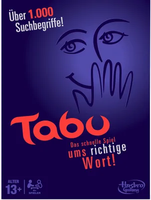 The image is a marketing graphic for the board game Tabu, featuring stylized facial features and the game's title.