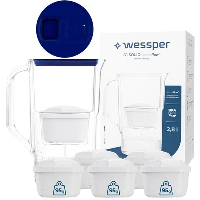 Obrázek produktu pro Filtrační konvice Wessper o objemu 2,8 litru s LED počítadlem Kompatibilní s Brita Maxtra | Sada 6 filtračních konvic + filtrační patrona - modrá
