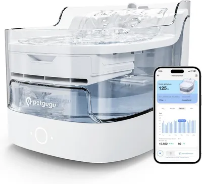 Produktbild von Katzenbrunnen mit App-Steuerung & KI-gestützter Haustierpflege, Trinkbrunnen für Katzen mit kabelloser Pumpe, Ultra-Leise, BPA-Frei, 8-Schicht-Filtration, Bewegungssensor, WiFi 2.4G, PF1 Weiß