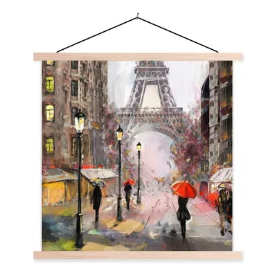 Produktbild von MuchoWow® Textilposter Gemälde - Paris - Eiffelturm - Regenschirm - Ölgemälde 60x60 cm mit holzfarbenen Rahmen - Wanddekoration