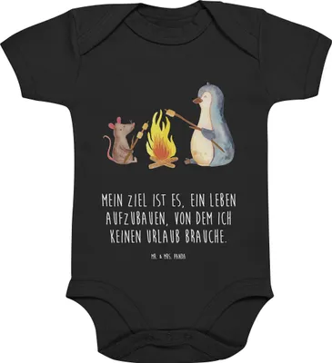 Produktbild von Mr. & Mrs. Panda Babybody Pinguin Lagerfeuer 3. - 6. Monat - Schwarz - Geschenk, Strampler, Feuer, Job, body baumwolle, kurzarm, Baby, Maus, babykleidung, Marshmallows