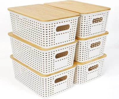 Produktbild von Bamboo-Deckel-Boxen mit Kunststoff-Griffen, 6 Stück, Küchen-Organizer, weiß, stapelbar