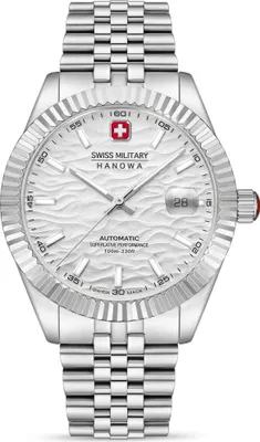 A studio shot of a silver Swiss Military Hanowa watch with a white textured dial.