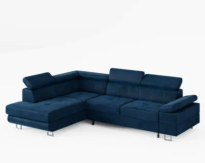 Image de Canapé d'angle CAROLINE, gauche, tissu velours bleu foncé, avec fonction couchage et coffre de rangement