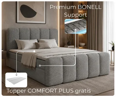 Obrázok produktu pre Prémiová postel s boxspringom LETT 160x200, sivá – s úložným priestorom, matracom a vrchnou podložkou | Bouclé Coral 75