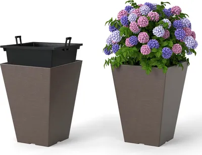 Produktbild von COSTWAY 2er Pflanzkübel mit Innentopf, Pflanzgefäße wetterfest, Blumentöpfe mit Entwässerungslöchern, PP Übertopf für Garten Balkon Braun 25x25x35cm