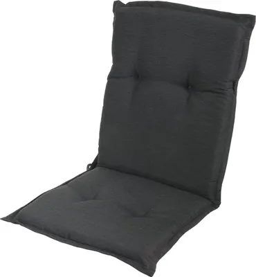 A dark gray chair cushion is shown against a white background.