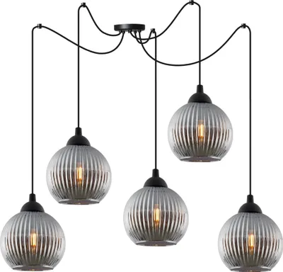 Image de Lampe à suspendre RIFFLE Araignée Noir 5 flammes Verre Boule Gris E27