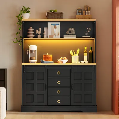 Produktbild von Merax Küchenschrank mit LED, verstellbare Regalböden, Sideboard mit Steckdose, Bar-Schrank, Weinregal mit 4 Schubladen, Vintage Scheunenstil, Schwarz