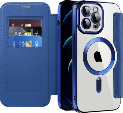 A blue flip case for an iPhone 12 Pro Max, showing the card slots and the phone case with the Apple logo.