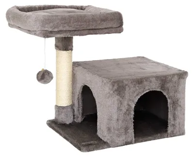 Immagine prodotto di Albero per gatti, altezza 50 cm, colore grigio scuro, realizzato in corda di sisal e peluche, con una casetta e una piattaforma