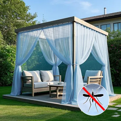 Image de Moustiquaire d'extérieur avec tringle coulissante, rideaux anti-insectes d'extérieur pour terrasse ou pavillon, bleu, lot de 2, L160 x H305 cm