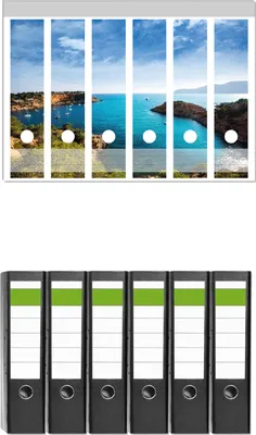 Produktbild von Wallario 6 Stück breite Ordner inkl. Klebeetiketten mit Motive Ibiza - Blick von einer Bucht aufs Meer -  Set mit Rückenschildern / Ordnerrücken Stickern