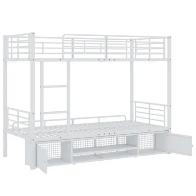 Produktbild von Flieks Etagenbett Metallbett 90x200cm mit Schuhregal und Schrank, Hochbett Kinderbett mit Rausfallschutz und Lattenrost, Einzelbett 2 Kinder, Weiß