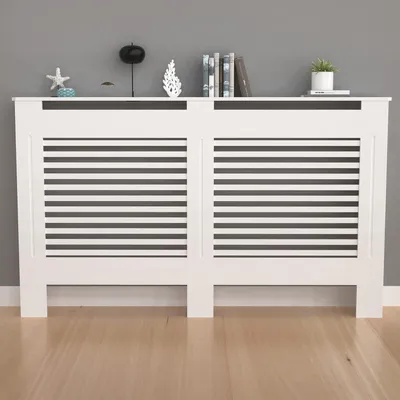 Obrázek produktu pro FATIVO Kryt radiátoru 172x19x101cm: Extra vysoký kryt topení v bílé barvě s dřevěnou strukturou, z zesíleného MDF, horizontální lamely