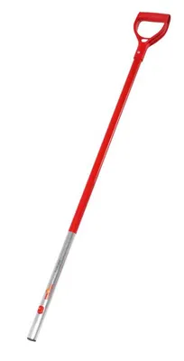 A red and silver shovel handle with a D-shaped grip.