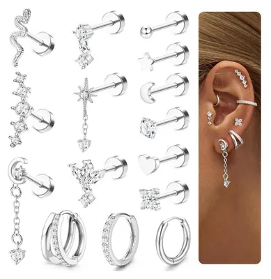 Immagine prodotto di Set di 15 paia di orecchini piercing in acciaio chirurgico, dorati/argento, 16G, per donna, inclusi cerchi e moncherini, con zirconi, adatti per cartilagine, tragus e helix