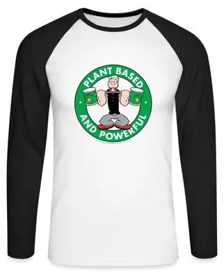 Produktbild von Spreadshirt Popeye Logo Plant Based And Powerful Baseball Langarmshirt Herren, L, Weiß/Schwarz